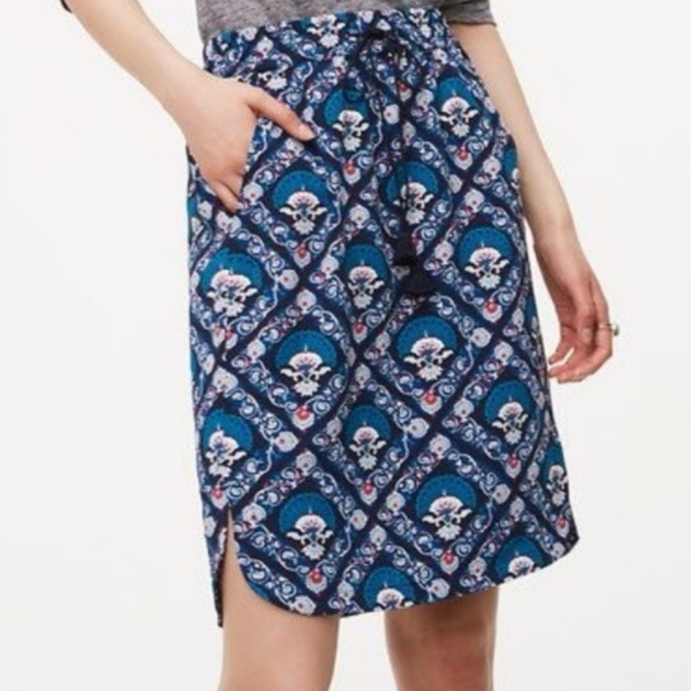 Loft Blue Patterned Pull On Tassel Skirt